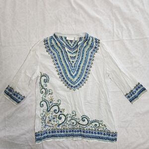 Chicos Womens 2 L Boho Beaded White Yellow Blue Green Peasant Shirt Blouse Tunic